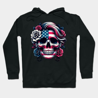 Patriotic Skull Flowers Bloom Independence Day USA American Flag Skull Face Roses Hoodie